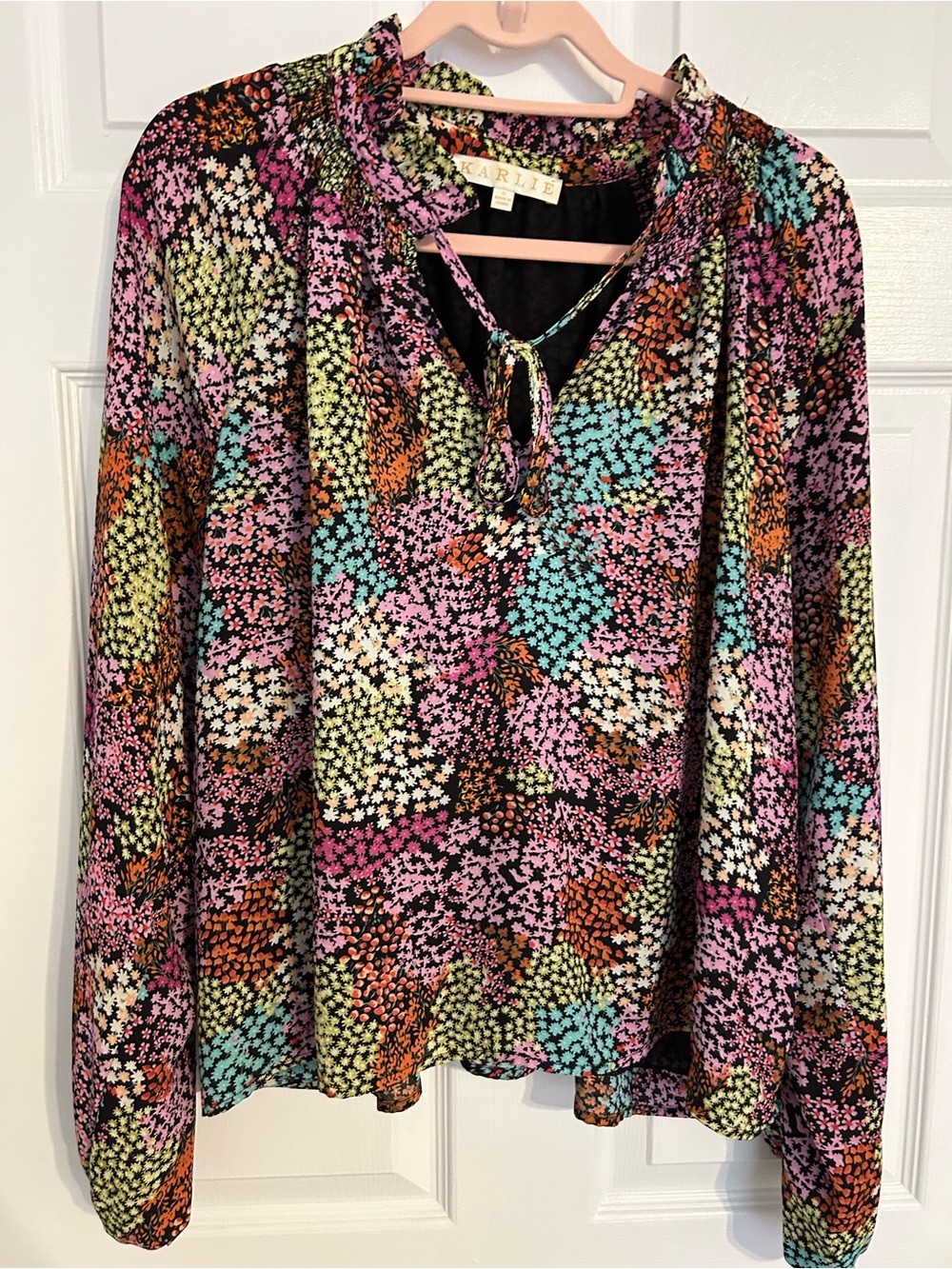 Karlie Multi Floral Tie-Neck Long Sleeve Blouse Size S